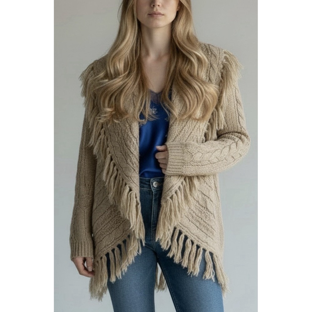 Lauren Ralph Lauren Wool Blend Cable Knit Fringe Cardigan M Shawl Boho Western